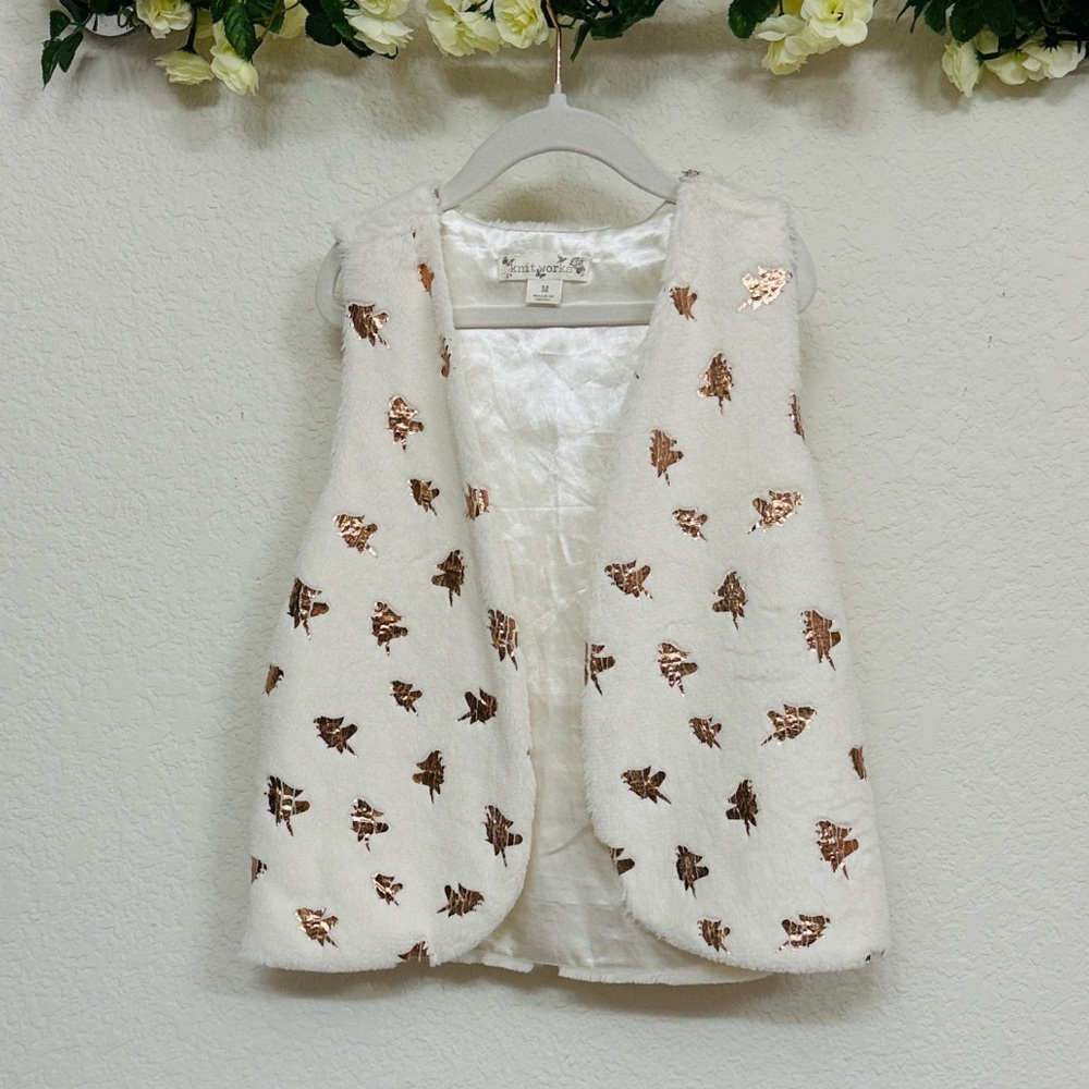 Knitworks • Ultra Soft White Faux Fur Vest with Delicate Gold Leaf Embroidery